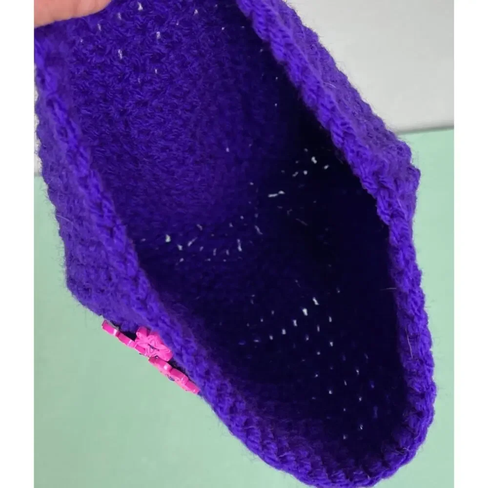 Hand Knit Crochet Girls Hat Beanie Purple with Pink Flower Buttons